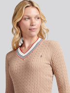 Womens Fine Cable Contrast V-Neck Jumper in Natural