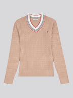 Womens Fine Cable Contrast V-Neck Jumper in Natural