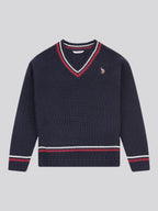 Womens Tri Stripe Tipping Cricket Jumper in Navy Iris