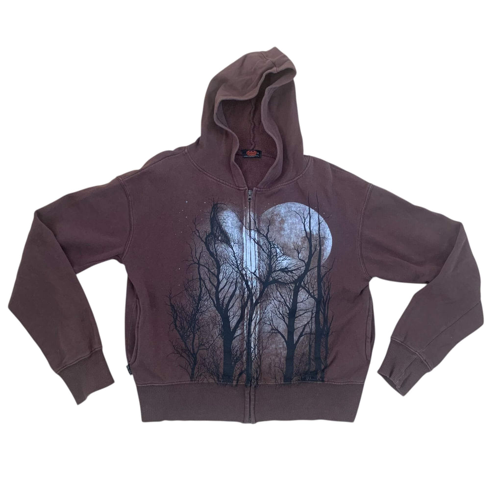 Vintage Womens Wolf Scene Zip Hoodie Brown Medium