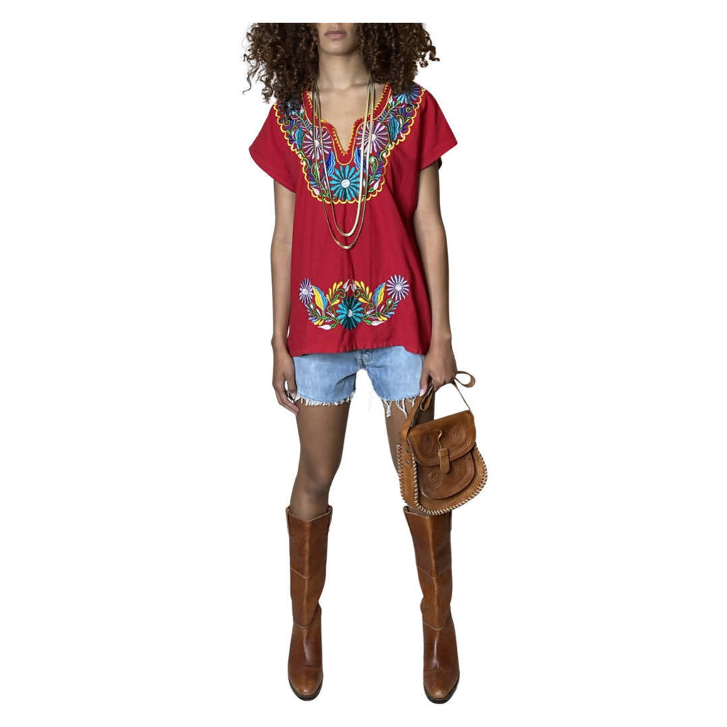 Vintage Red Floral Embroidered Top UK 8 - 12