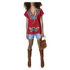 Vintage Red Floral Embroidered Top UK 8 - 12