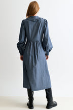 Zoya Chambray Zip Front, Frill Collar Midi Dress - Dark Grey