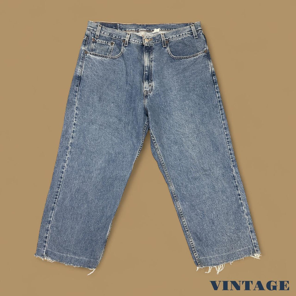 Vintage Levi&#39;s 569 Relaxed Straight Leg Raw Hem Cropped Jeans Mid Blue W38 L26