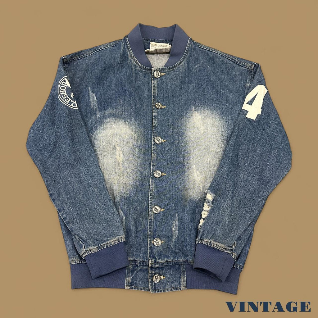 Vintage Rock Bobo Denim Bomber Jacket Mid Blue XL