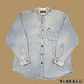 Vintage Moto Jeanswear Pinstripe Grandad Collar Denim Shirt Light Blue Large
