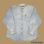 Vintage Moto Jeanswear Pinstripe Grandad Collar Denim Shirt Light Blue Large