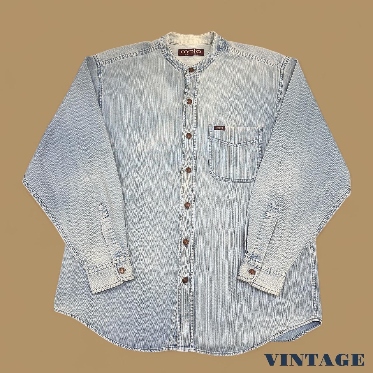 Vintage Moto Jeanswear Pinstripe Grandad Collar Denim Shirt Light Blue Large