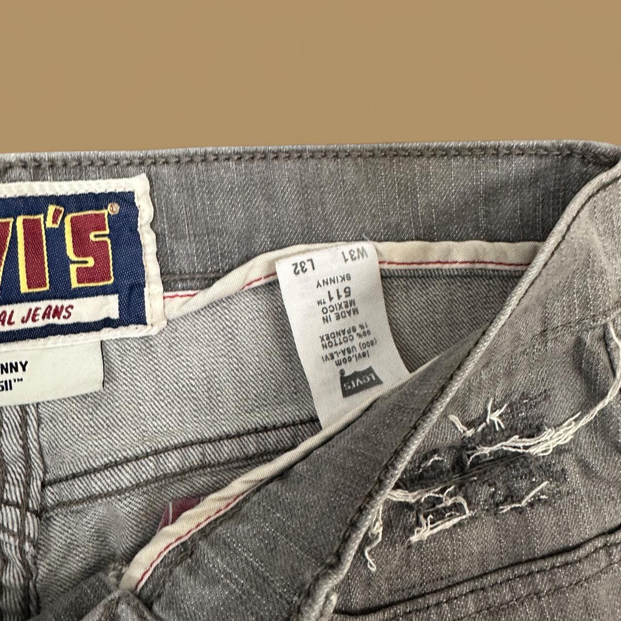 Vintage Levi's 511 Ripped Distressed Slim Straight Jeans Grey W31 L32