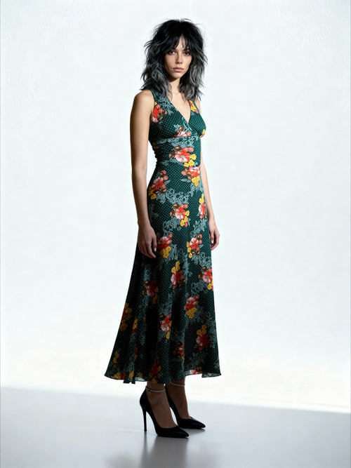 Original 1970'S Vintage Green Floral Dress Uk 8 - 10