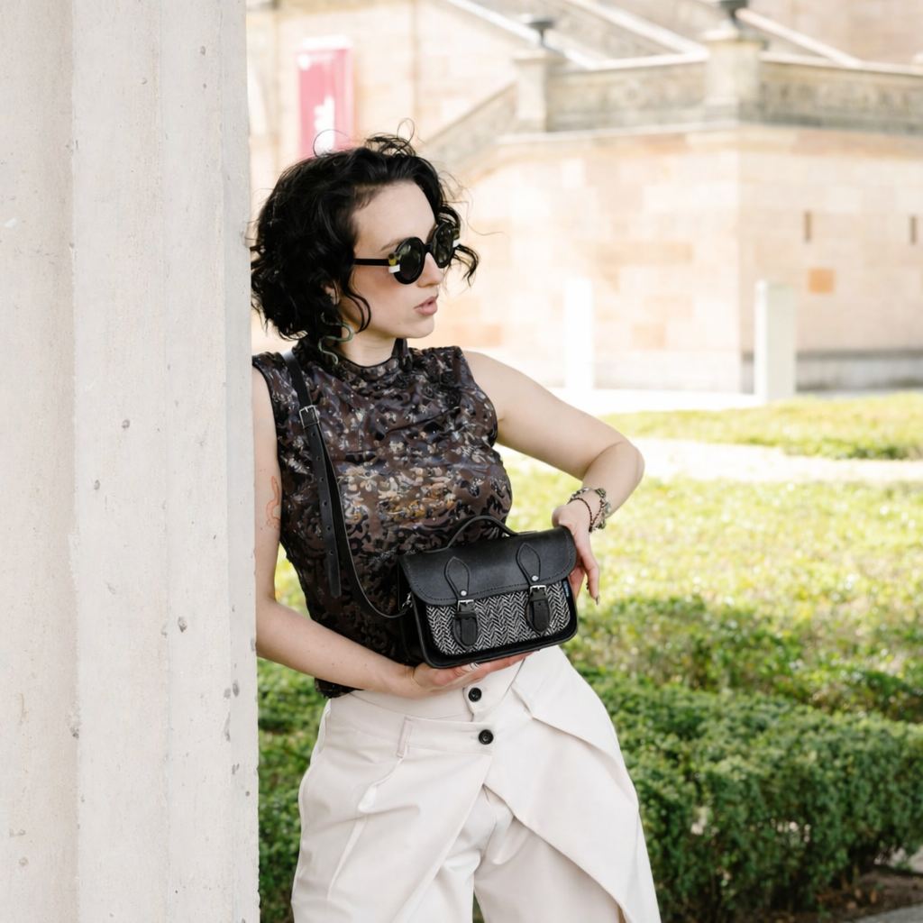 Handmade Tannery Leather and Tweed Cross Body Micro Satchel Plus - Black