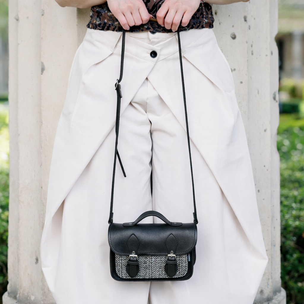 Handmade Tannery Leather and Tweed Cross Body Micro Satchel Plus - Black
