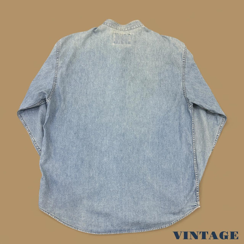 Vintage 80s Wrangler Grandad Collar Denim Shirt Light Blue Large