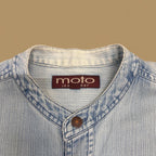 Vintage Moto Jeanswear Pinstripe Grandad Collar Denim Shirt Light Blue Large