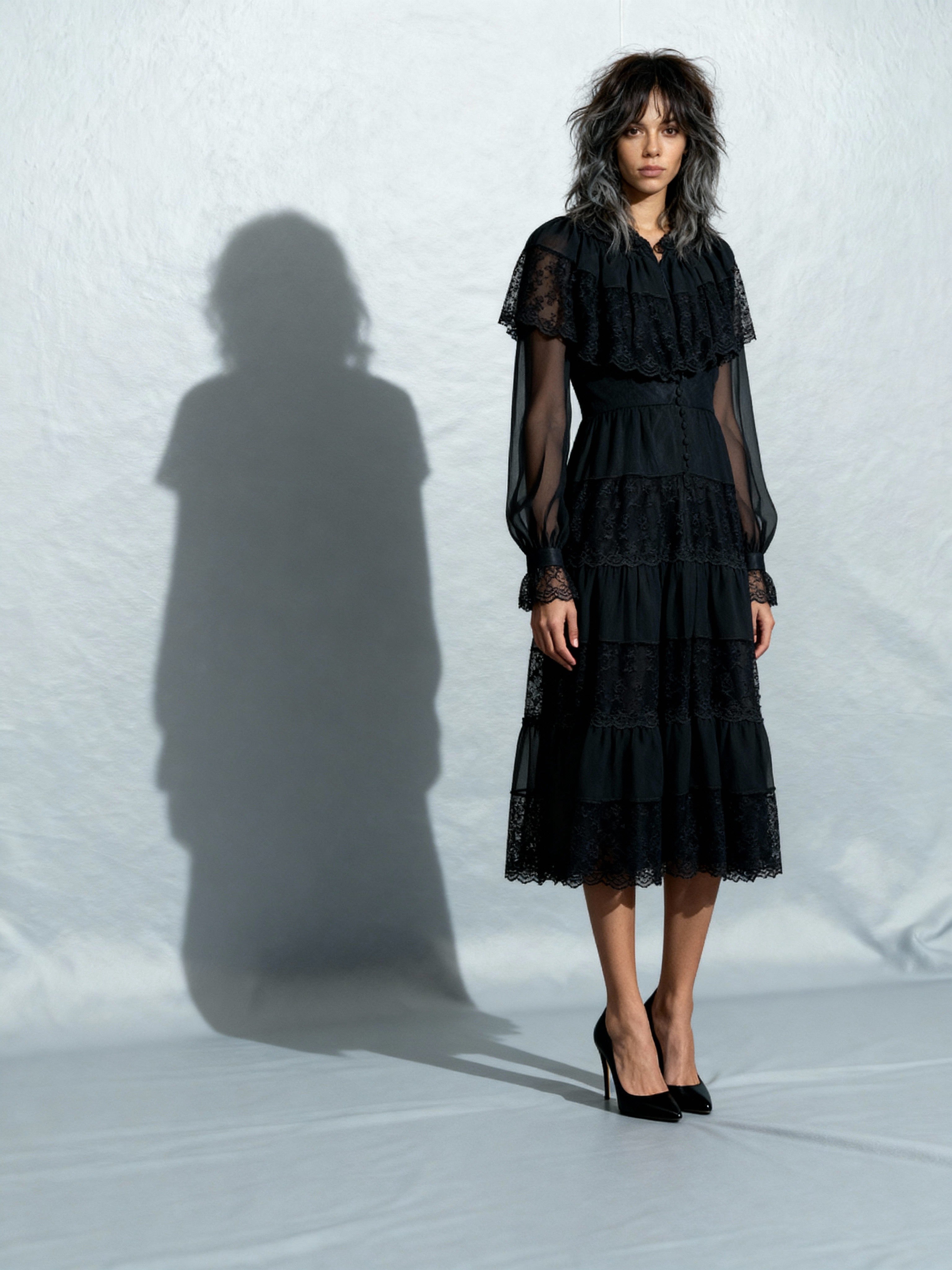 Original 1970's Vintage Black Sheer & Lace Dress UK 12 - 14 Original 1970's Vintage Black Sheer & Lace Dress UK 12 - 14