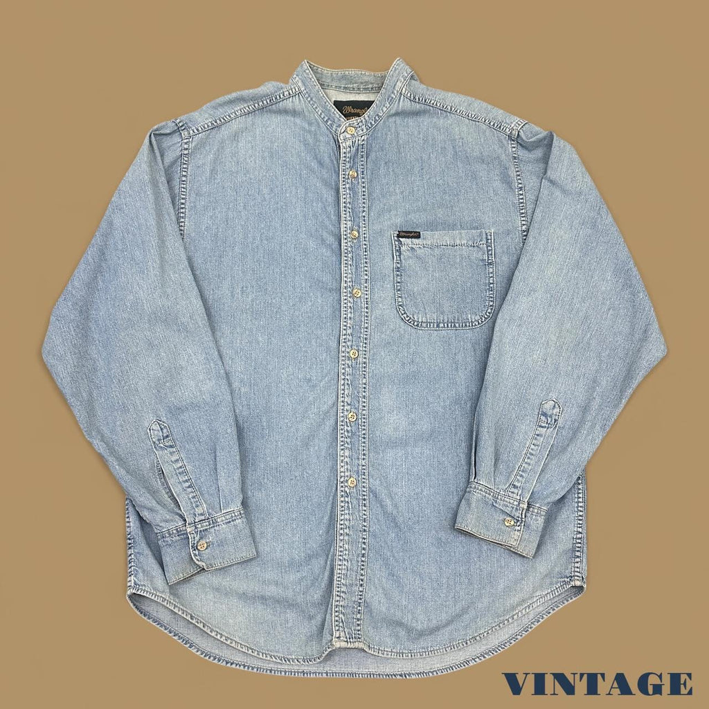 Vintage 80s Wrangler Grandad Collar Denim Shirt Light Blue Large