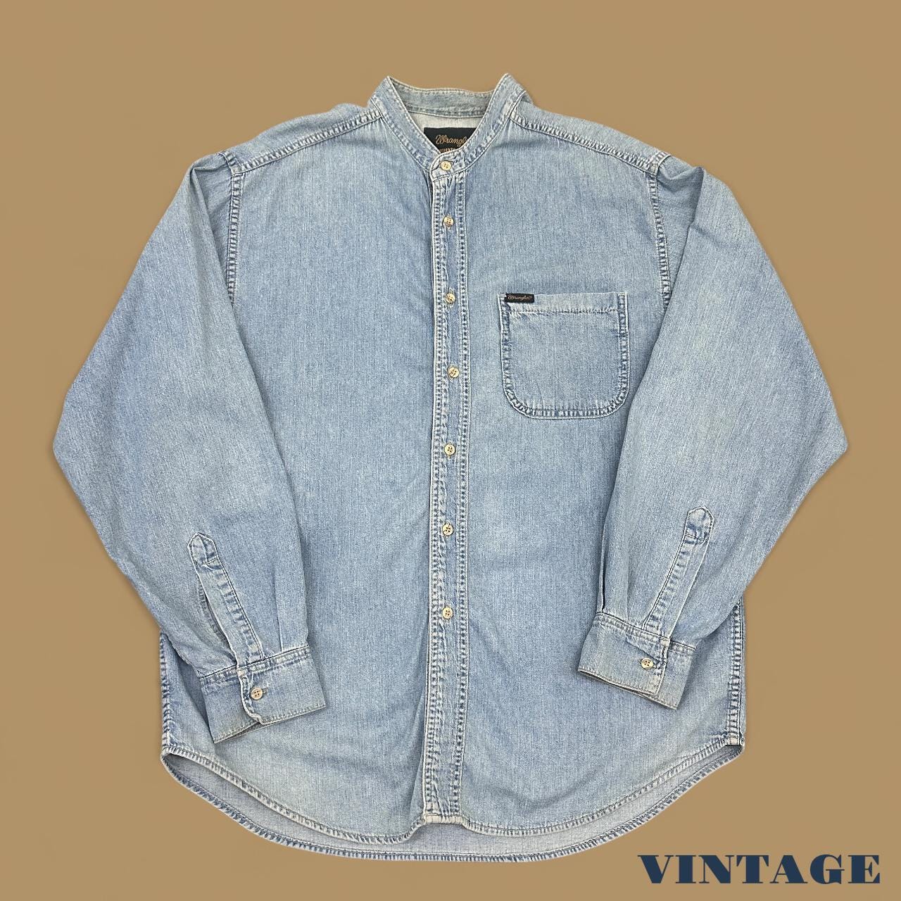 Vintage 80s Wrangler Grandad Collar Denim Shirt Light Blue Large