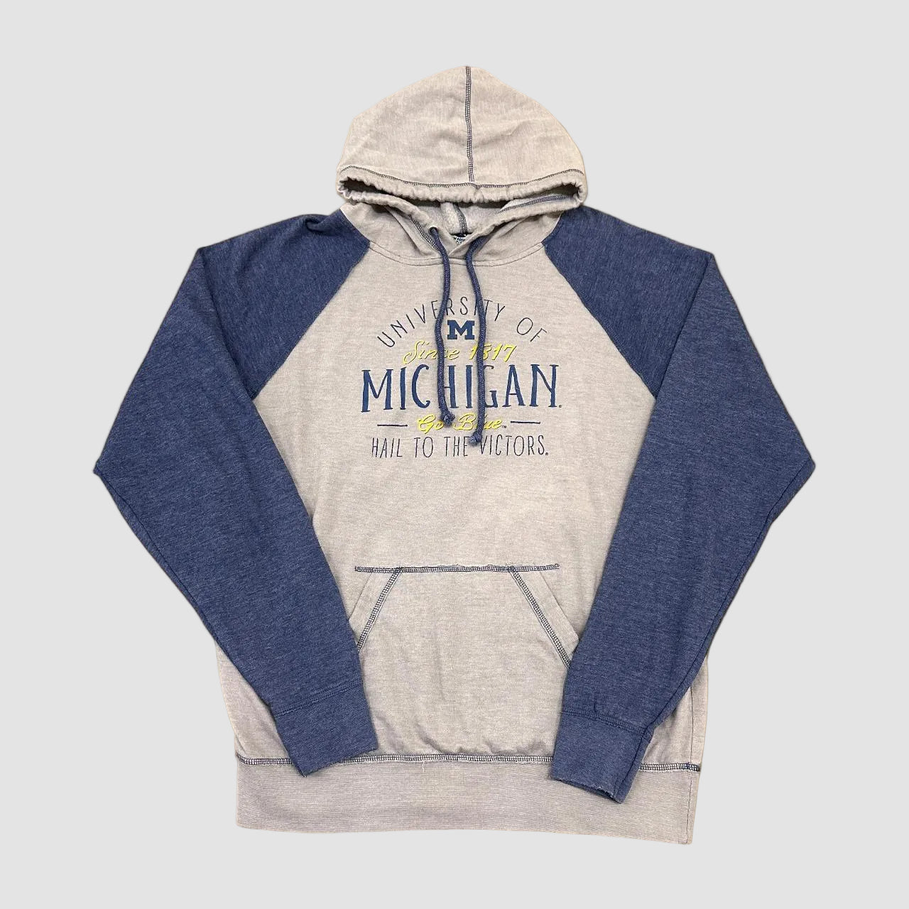 Vintage Two-Tone UOM Michigan College Raglan Hoodie Grey/Blue XL