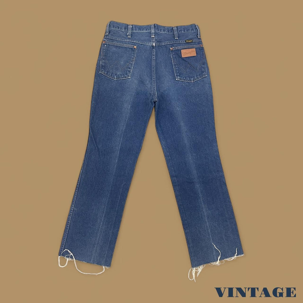 Vintage 70s Wrangler USA Made Raw Hem Straight Leg Ankle Jeans Dark Blue W34 L29