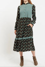 Louche Elsie Posy Patchwork Print Tiered Long Sleeve Midi Dress