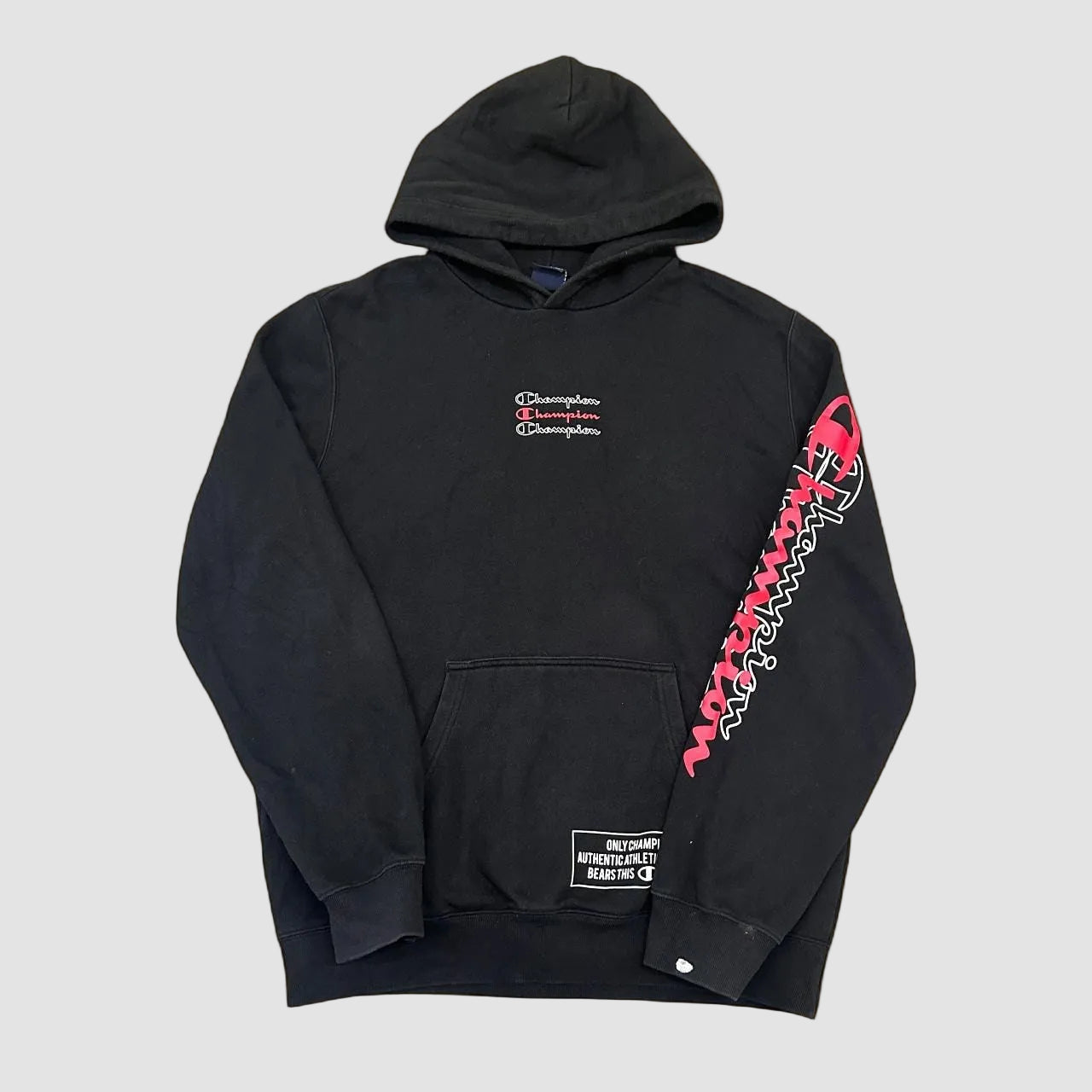 Vintage Champion Graphic Print Logo Hoodie Black XL