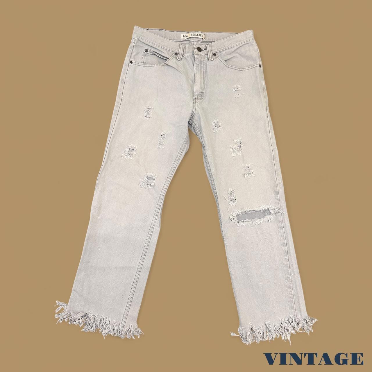 Vintage Lee Raw Hem Distressed Straight Leg Jeans Light Grey W32 L27