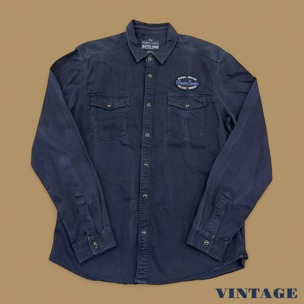 Vintage Y2k Angelo Litrico Slim Fit Patch Denim Shirt Navy Blue Medium