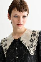 Iris Bow Black Jacquard White Embroidered Collar Midi Dress