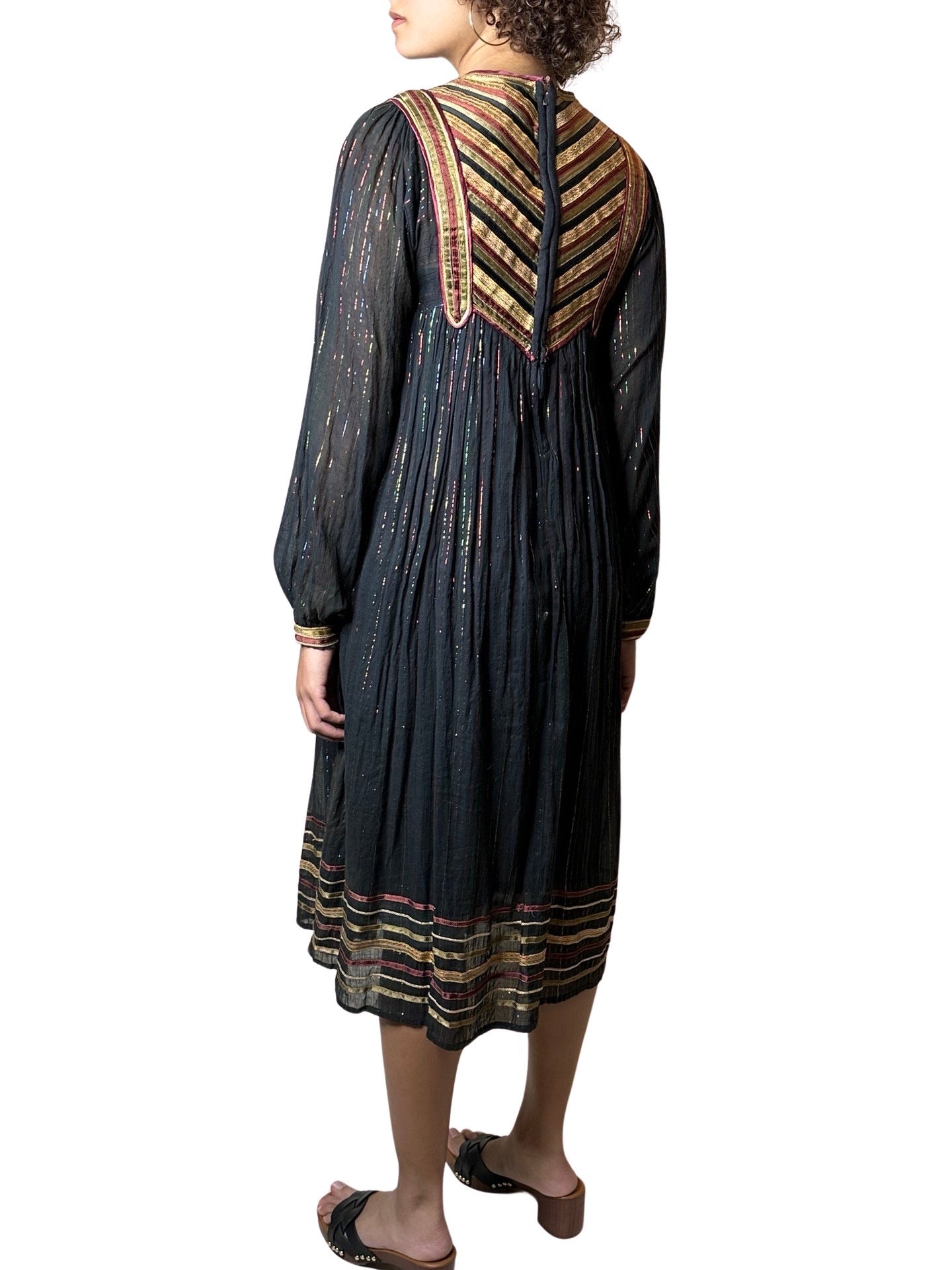 Original Vintage 1970's Black Indian Cotton Boho / Hippie Dress UK 8 - 14