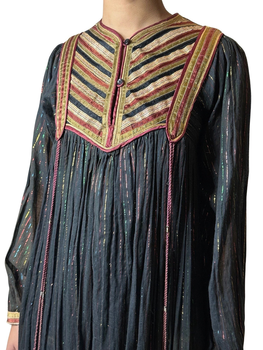 Original Vintage 1970's Black Indian Cotton Boho / Hippie Dress UK 8 - 14