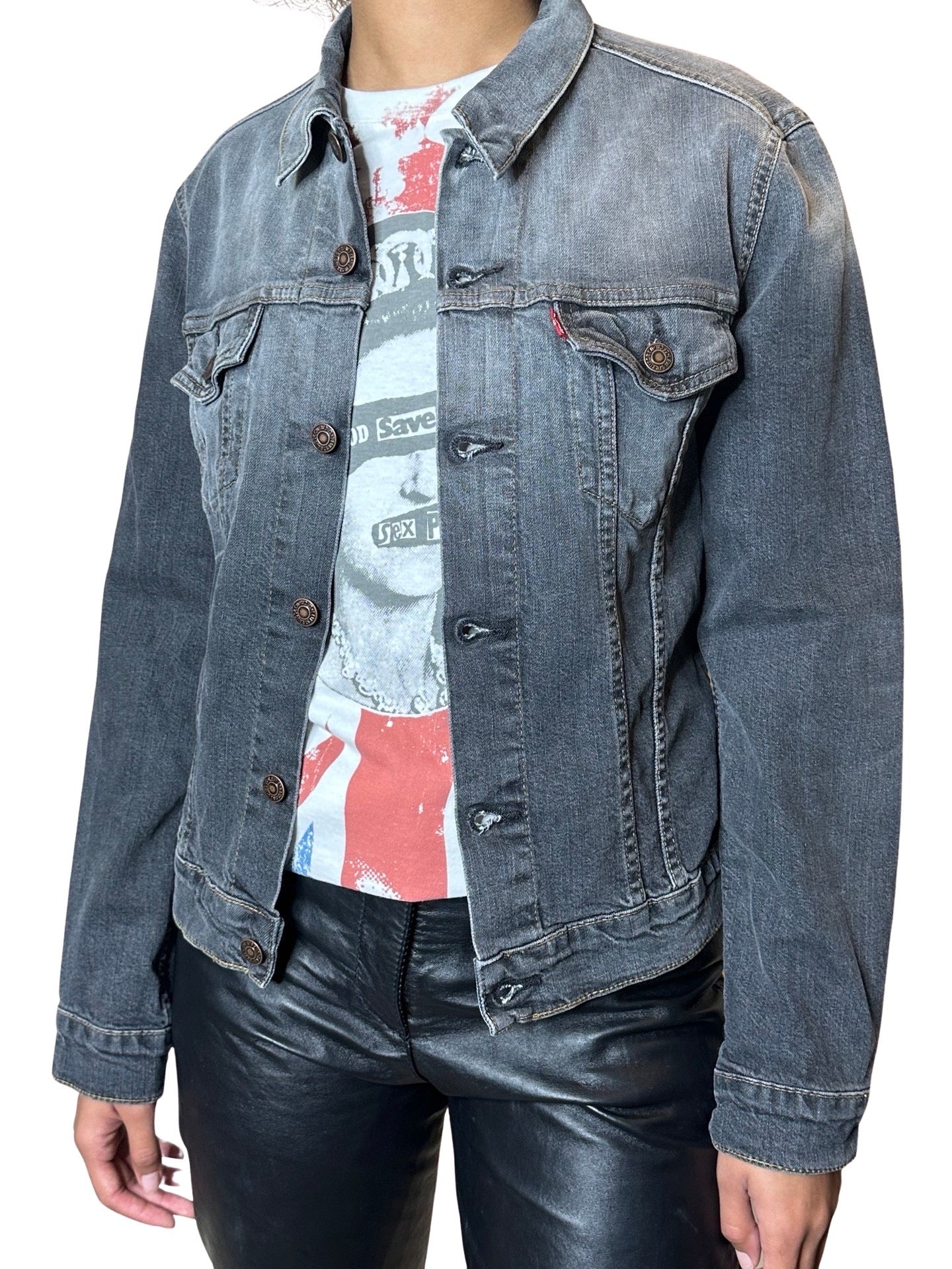 Original 1990's Vintage Grey Washed Out Denim Levis Jacket UK 8 - 12