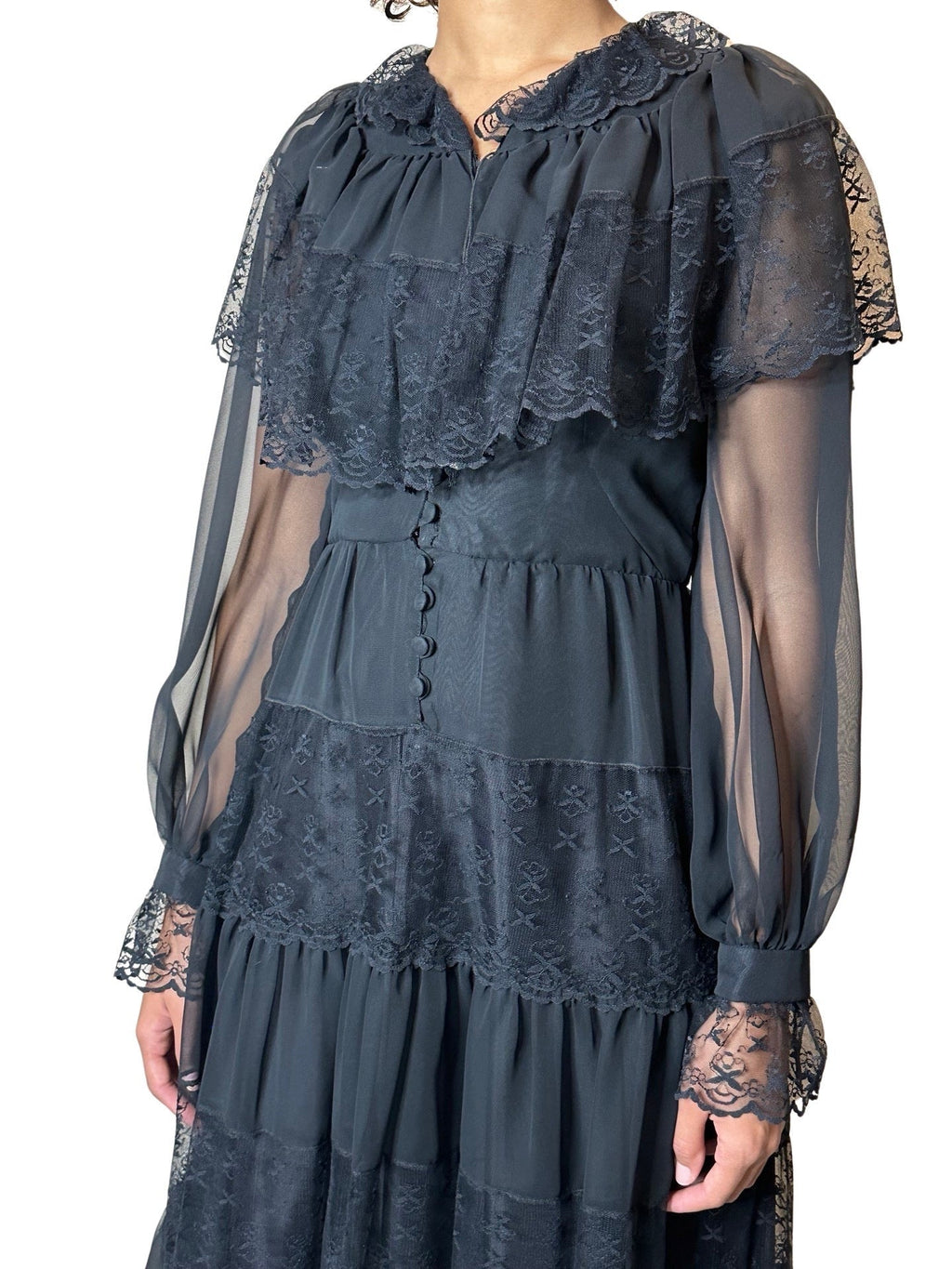 Original 1970's Vintage Black Sheer & Lace Dress UK 12 - 14