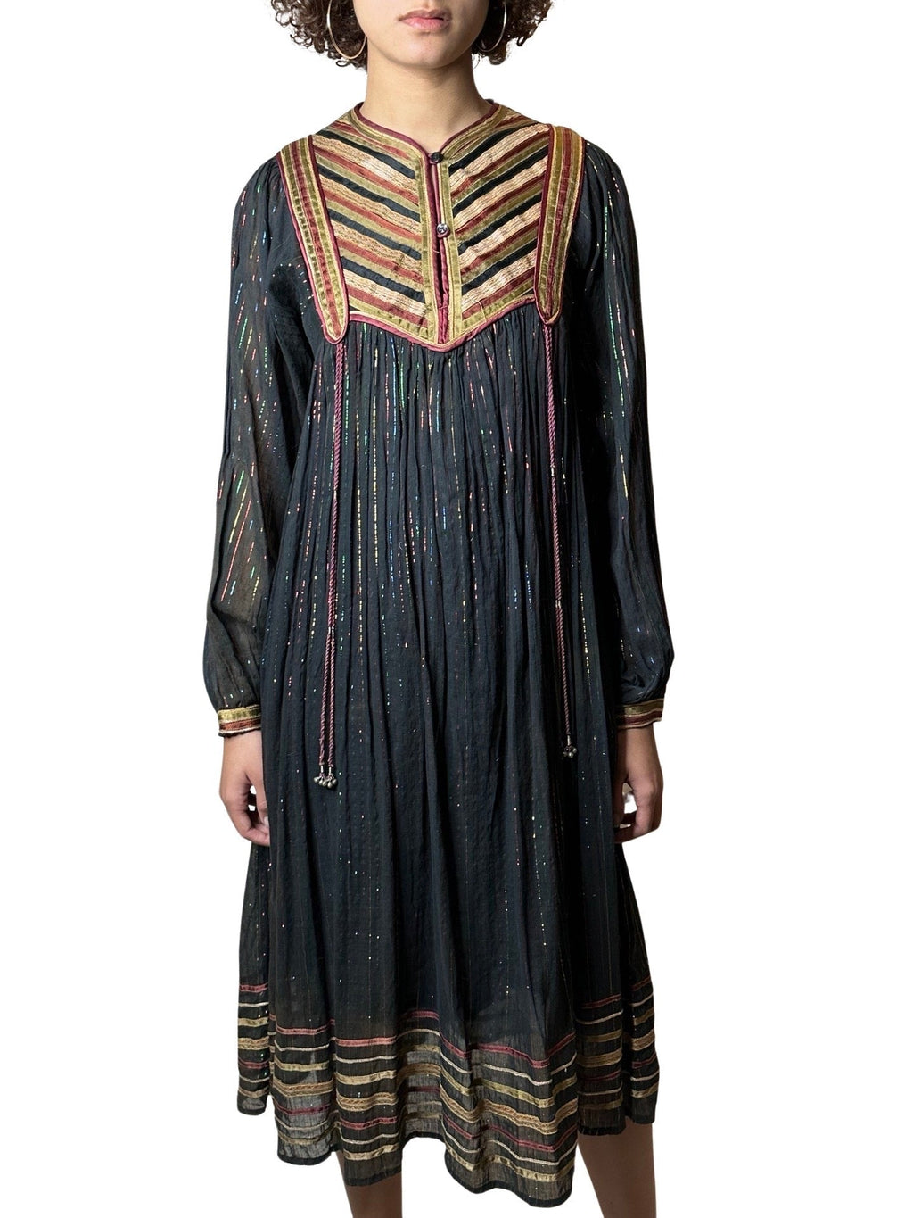 Original Vintage 1970's Black Indian Cotton Boho / Hippie Dress UK 8 - 14