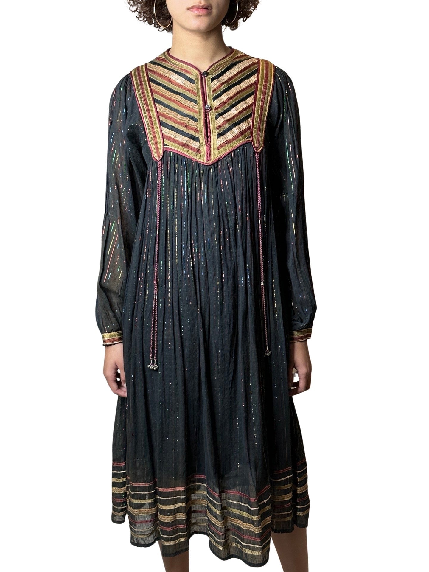 Original Vintage 1970's Black Indian Cotton Boho / Hippie Dress UK 8 - 14