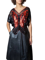 Original 1970's Vintage Black / Red Sequinned Butterfly Top UK 8 - 12