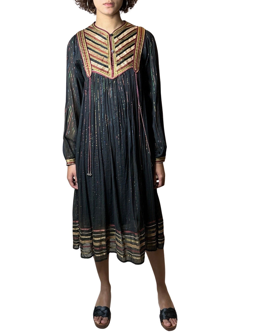 Original Vintage 1970's Black Indian Cotton Boho / Hippie Dress UK 8 - 14