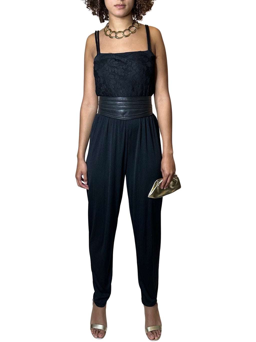 Original 1980's Vintage Jumpsuit In Black With Lace Detailing UK 12 - 14