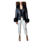 Super Cute Original Vintage 1980's Black Leather & Sheepskin Coat UK 8 - 12