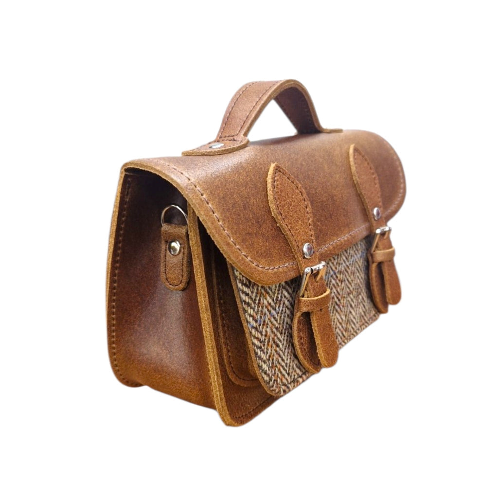 Handmade Tannery Leather and Tweed Cross Body Micro Satchel Plus - Tan
