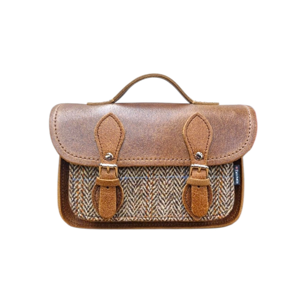 Handmade Tannery Leather and Tweed Cross Body Micro Satchel Plus - Tan