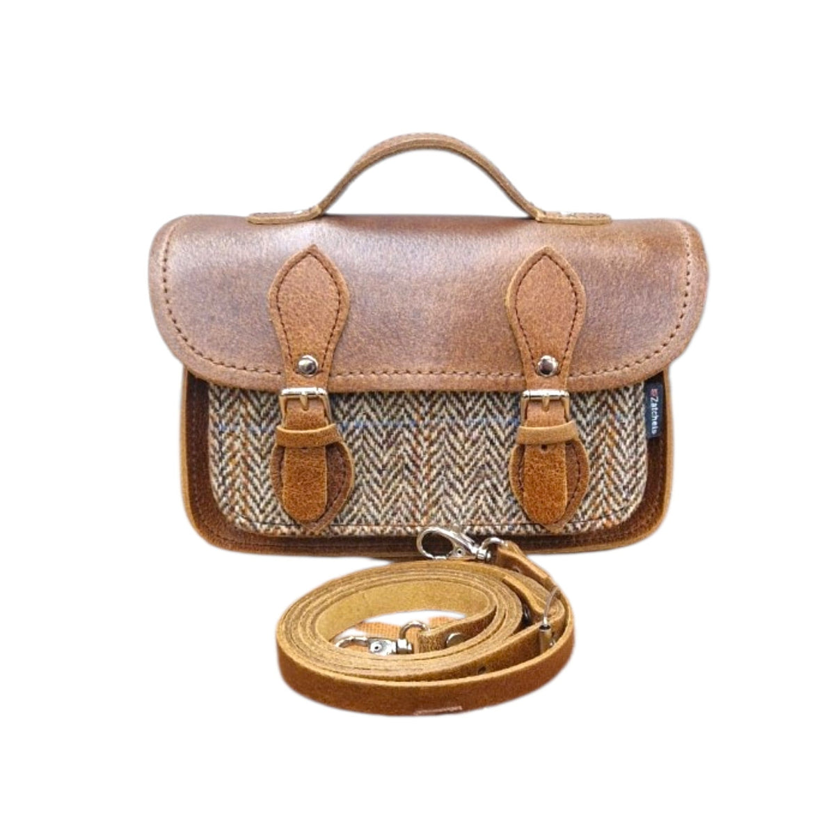 Handmade Tannery Leather and Tweed Cross Body Micro Satchel Plus - Tan