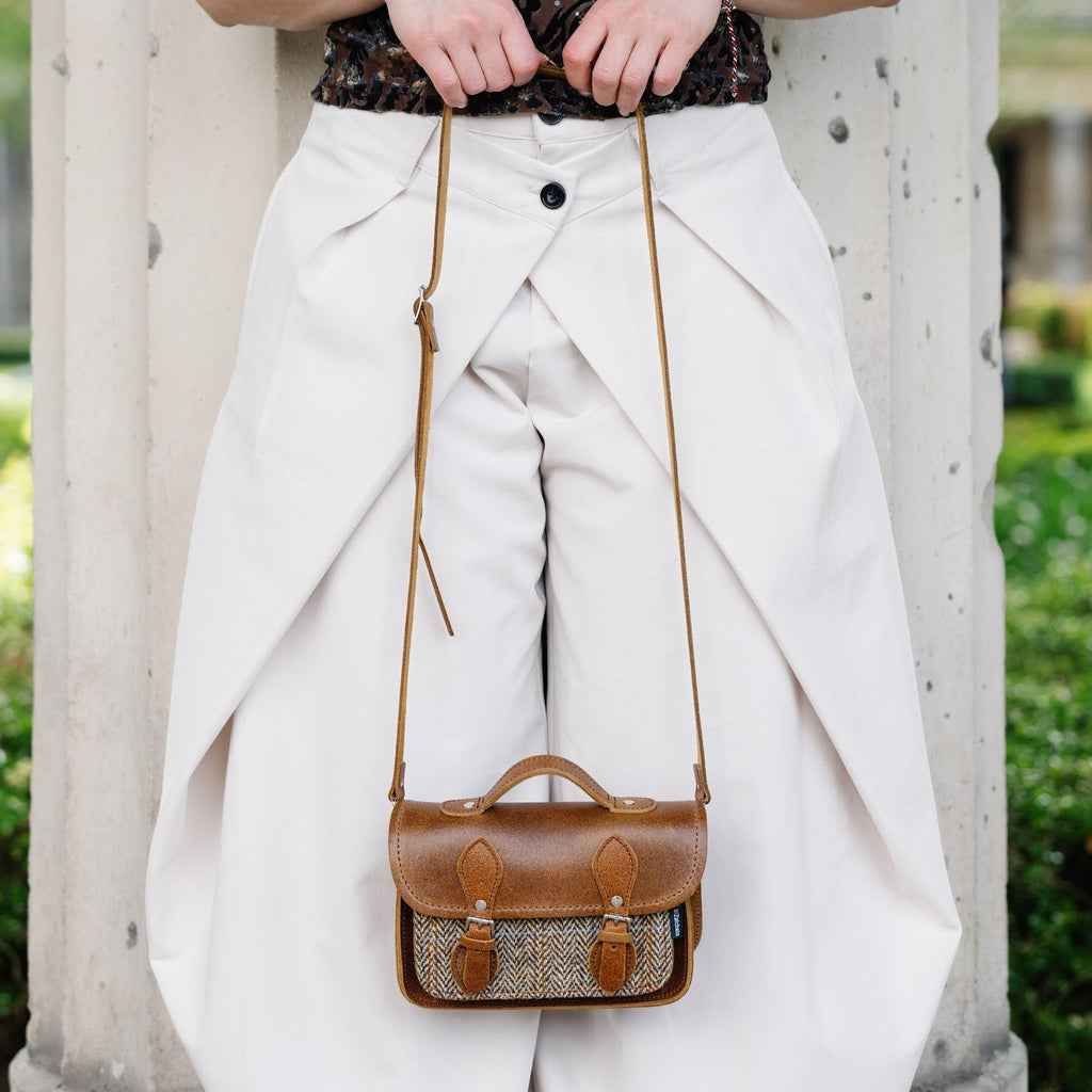 Handmade Tannery Leather and Tweed Cross Body Micro Satchel Plus - Tan