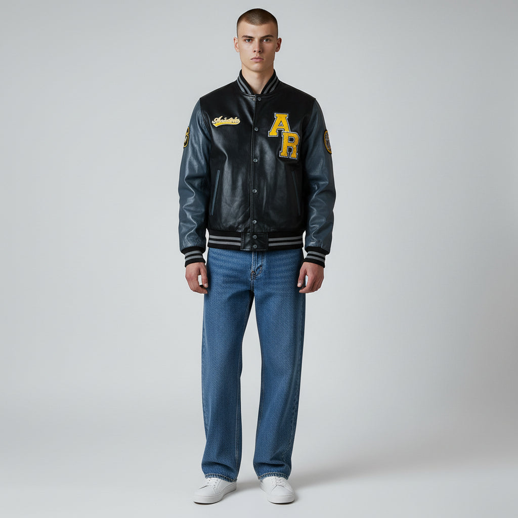Aviatrix Leather College Varsity Jacket Black/Grey