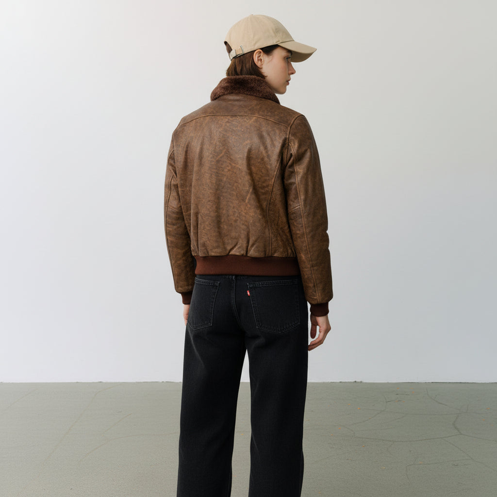 Oversized Leather Aviator Bomber Jacket Brown