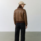 Oversized Leather Aviator Bomber Jacket Brown
