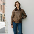 Oversized Leather Aviator Bomber Jacket Brown