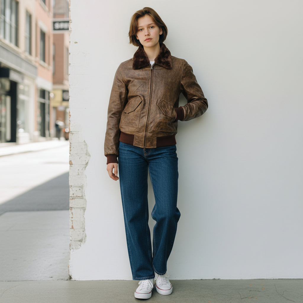 Oversized Leather Aviator Bomber Jacket Brown