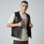 Leather Cow Hide Utility Waistcoat Black