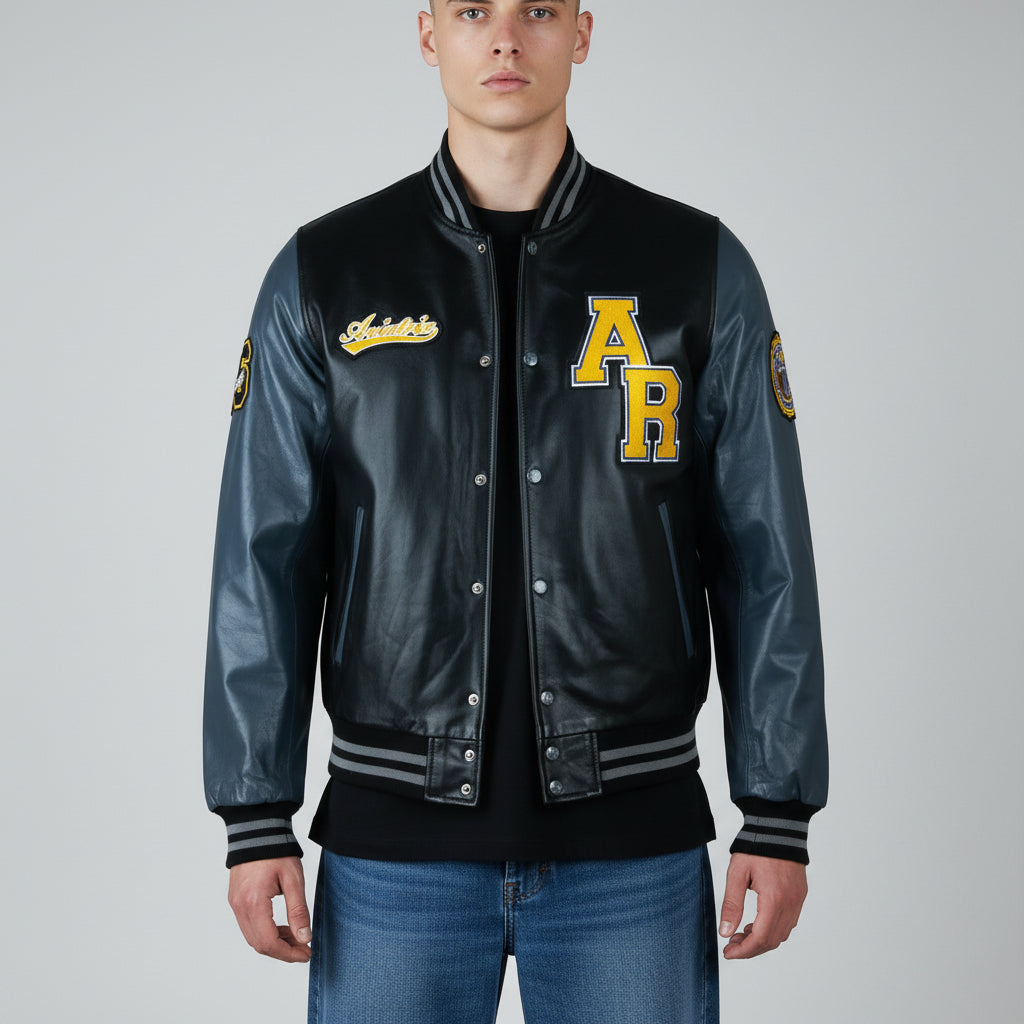 Aviatrix Leather College Varsity Jacket Black/Grey