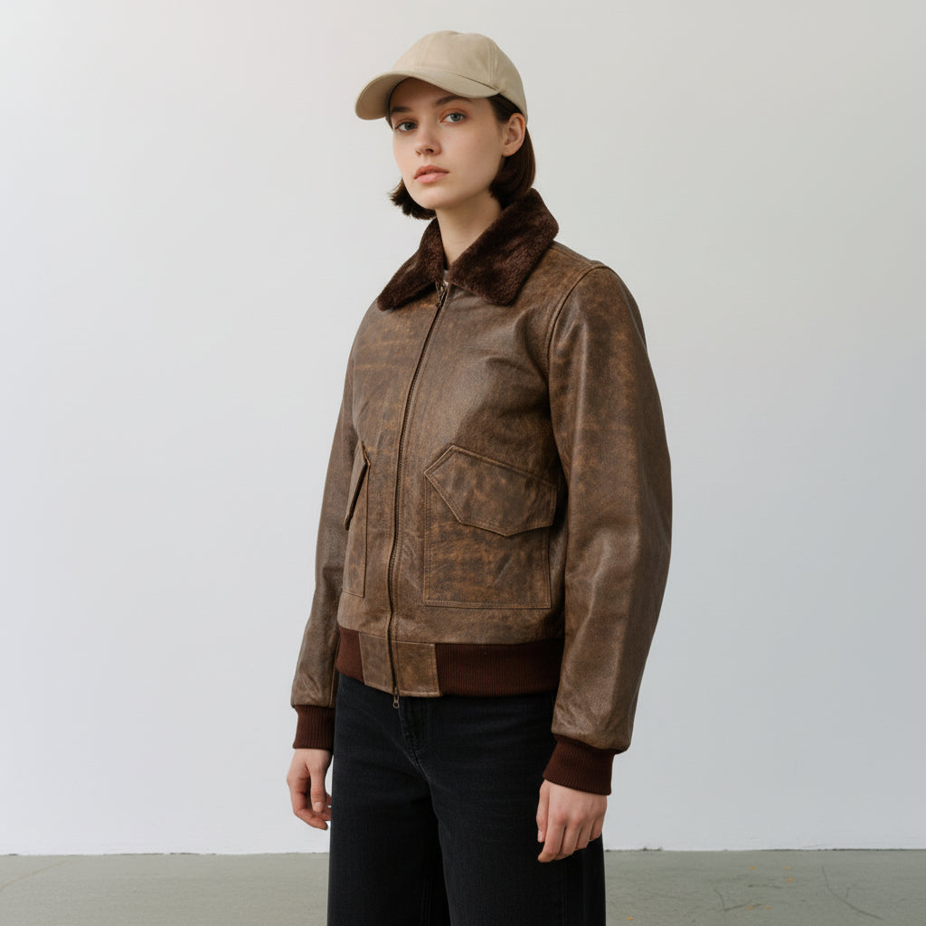 Oversized Leather Aviator Bomber Jacket Brown